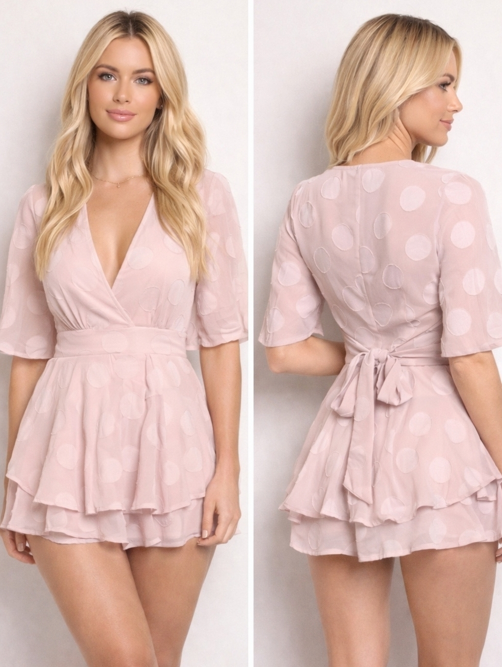 Fashion Nova Mauve Pinpoint Polkadot Romper